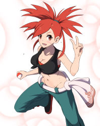Rule 34 | 1girl, :d, absurdres, bare shoulders, black footwear, black shirt, blush, breasts, cleavage, collarbone, commentary request, cowboy shot, creatures (company), crop top, eyebrows hidden by hair, flannery (pokemon), game freak, green pants, groin, gym leader, hair tie, highres, holding, holding poke ball, hugimosi, large breasts, long hair, looking at viewer, lower teeth only, midriff, navel, nintendo, no panties, open mouth, pants, poke ball, pokemon, pokemon oras, ponytail, red eyes, red hair, red tube top, shirt, shoes, smile, solo, standing, standing on one leg, strapless, sweat, teeth, tied shirt, towel, tube top, v, white background
