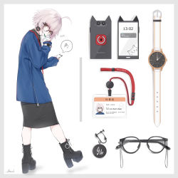 Rule 34 | 1girl, absurdres, ahoge, bee doushi, black-framed eyewear, black footwear, black shirt, black skirt, blue jacket, boots, border, cellphone, clenched teeth, commentary request, cup, disposable cup, drinking straw, fate/grand order, fate (series), glasses, grey border, grey hair, high heel boots, high heels, highres, holding, holding cup, holding phone, id card, jacket, jeanne d&#039;arc (fate), jeanne d&#039;arc alter (avenger) (fate), jeanne d&#039;arc alter (fate), long sleeves, looking at viewer, phone, phone with ears, platform boots, platform footwear, platform heels, round eyewear, shirt, signature, skirt, sleeves past wrists, solo, standing, standing on one leg, teeth, translation request, watch, white background, wristwatch, yellow eyes