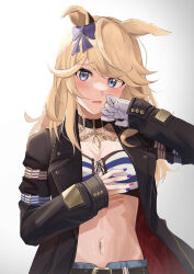 Rule 34 | 1girl, absurdres, animal ears, bandeau, belt, black belt, black jacket, blonde hair, blue eyes, blue nails, blush, bow, breasts, brown jacket, chain, choker, cleavage, collarbone, commentary request, denim, denim shorts, ear bow, ear ornament, ears down, embarrassed, gloves, gold chain, gold city (umamusume), hands up, highres, horse ears, horse girl, jacket, long hair, long sleeves, looking at viewer, medium breasts, midriff, multicolored nails, navel, nida keita, open clothes, open jacket, open mouth, red nails, shorts, sidelocks, simple background, single glove, solo, standing, stomach, striped bandeau, swept bangs, textless version, umamusume, white background