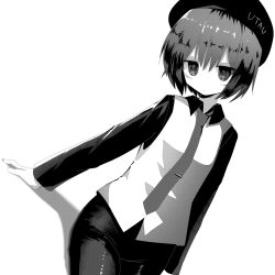 Rule 34 | 1girl, abj3 0, adapted costume, arm support, beret, closed mouth, collared shirt, cowboy shot, dutch angle, greyscale, hat, highres, long sleeves, looking at viewer, monochrome, necktie, pants, screentones, shirt, short hair, simple background, sitting, solo, tie clip, utane uta, utau, vest, white background