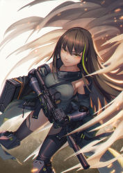 Rule 34 | (9) pai bingxiang, arm strap, armor, armpits, assault rifle, asymmetrical legwear, brown eyes, brown hair, case, clothes around waist, collarbone, detached sleeves, dust, elbow pads, floating hair, gauntlets, girls&#039; frontline, gloves, gun, hair between eyes, headset, highres, holding, holding gun, holding weapon, jacket, jacket around waist, light particles, long hair, m4 carbine, m4a1 (girls&#039; frontline), m4a1 (mod3) (girls&#039; frontline), mod3 (girls&#039; frontline), multicolored hair, open mouth, ribbed sweater, rifle, scarf, scope, sidelocks, smile, smoke, solo, strap, streaked hair, sweater, sweater vest, torn clothes, torn jacket, two-tone hair, uneven legwear, weapon, weapon case, wind, wind lift