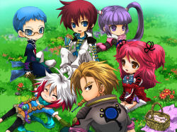 Rule 34 | 3boys, 3girls, :3, ^ ^, asbel lhant, basket, blanket, blue eyes, blue hair, blue shirt, blush stickers, bodysuit, brooch, brothers, brown eyes, brown hair, cheria barnes, chibi, closed eyes, coat, flower, food, glasses, gloves, grass, hubert ozwell, jewelry, kirita (noraring), kneeling, looking back, lying, malik caesars, mouth hold, multicolored hair, multiple boys, multiple girls, outdoors, outstretched arms, pascal (tales), picnic, pink hair, purple eyes, purple hair, purple skirt, red hair, scarf, shirt, short twintails, shorts, siblings, sitting, skirt, smile, sophie (tales), spread arms, tales of (series), tales of graces, thighhighs, twintails, two-tone hair, two side up, white hair, white legwear