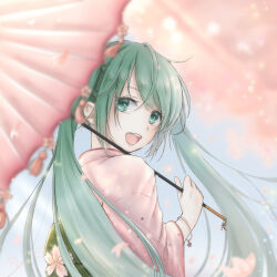Rule 34 | 1girl, blurry, blurry background, bracelet, cherry blossoms, from behind, green eyes, green hair, hatsune miku, highres, holding, holding umbrella, japanese clothes, jewelry, kimono, long hair, looking at viewer, looking back, naoda n go, oil-paper umbrella, open mouth, smile, solo, twintails, umbrella, vocaloid