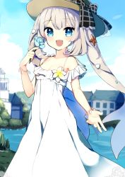 Rule 34 | 1girl, :d, ameshizuku natsuki, blue eyes, bow, bracelet, breasts, day, dress, fate/grand order, fate (series), flower, hair ornament, hat, hat bow, house, jewelry, long dress, long hair, looking at viewer, marie antoinette (fate), marie antoinette (swimsuit caster) (second ascension) (fate), open mouth, outdoors, river, seashell, shell, silver hair, small breasts, smile, solo, spaghetti strap, starfish, sun hat, sundress, twintails, very long hair, white dress