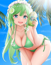 Rule 34 | 1girl, aqua eyes, backlighting, bikini, blue sky, brand name imitation, breasts, cleavage, collarbone, commentary request, cup, day, disposable cup, fruit hair ornament, gibun (sozoshu), green bikini, green hair, hair ornament, hairband, highres, holding, holding cup, large breasts, leaning forward, long hair, navel, original, outdoors, palm tree, sky, solo, standing, starbucks, swimsuit, thighs, tree