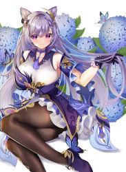 Rule 34 | 1girl, absurdres, artist request, ass, bare shoulders, blush, breasts, bug, butterfly, dress, flower, genshin impact, gloves, hair ornament, high heels, highres, insect, keqing (genshin impact), large breasts, long hair, looking at viewer, pantyhose, purple dress, purple eyes, purple hair, short dress, skirt, smile, solo, twintails, very long hair