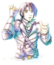 Rule 34 | 1boy, arm guards, belt, commentary, daniel fielding, english commentary, jacket, male focus, original, partially submerged, purple hair, purple jacket, red eyes, solo, upper body