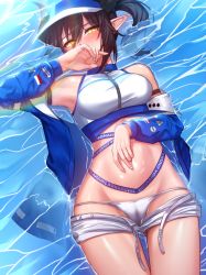 Rule 34 | 1girl, afloat, arknights, arm strap, bare shoulders, bikini, blue jacket, blush, cameltoe, clothes pull, cosplay, covering face, gluteal fold, hand on own stomach, hat, horns, jacket, kibellin, long sleeves, looking at viewer, medium hair, navel, off shoulder, official alternate costume, open clothes, open fly, open jacket, open shorts, pointy ears, short hair, short ponytail, shorts, shorts pull, side ponytail, sideroca (arknights), sideroca (arknights) (cosplay), sideroca (light breeze) (arknights), solo, swimsuit, visor cap, vrchat, white bikini, white hat, white shorts, yellow eyes, zipper