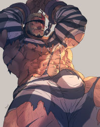 Rule 34 | 1boy, abs, balor (housamo), bara, bare pectorals, beard, black hair, blonde hair, bulge, chest hair, cuffs, facial hair, from below, large pectorals, looking at viewer, male focus, manly, multicolored hair, muscular, navel, navel hair, nipples, one eye covered, pectorals, prison clothes, rybiok, scar, short hair, solo, thick thighs, thighs, tokyo houkago summoners, torn clothes, two-tone hair