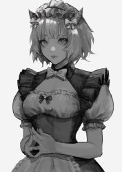 Rule 34 | 1girl, borrowed character, bow, breasts, cleavage, cleavage cutout, closed mouth, clothing cutout, fingernails, frills, grey background, greyscale, highres, horns, maid, maid headdress, monochrome, original, own hands together, short hair, simple background, solo, turtleneck, uglykao