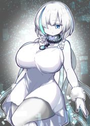 Rule 34 | 1girl, alternate breast size, artist request, azur lane, black nails, blue eyes, breasts, collar, colored skin, dress, enostal, expressionless, hair over one eye, highres, huge breasts, large breasts, multicolored hair, nail polish, aged up, pale skin, short hair, solo, streaked hair, tb (azur lane), thighs, white dress, white hair, white skin