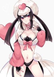 Rule 34 | 1girl, asame21, bad id, bad pixiv id, black hair, black panties, breasts, cleavage, collar, cowboy shot, creatures (company), eyeshadow, furfrou, furfrou (heart), game freak, gen 6 pokemon, hand up, heart, jewelry, locket, looking at viewer, makeup, midriff, nail polish, navel, nintendo, panties, pendant, personification, pink eyes, pink nails, pokemon, simple background, smile, solo, standing, two side up, underwear