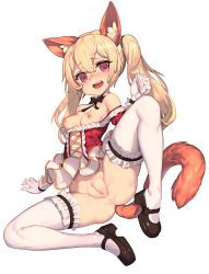 Rule 34 | 1girl, animal ear fluff, animal ears, anus, bad id, bad pixiv id, bare shoulders, black bow, bow, bowtie, breasts, censored, elin, full body, gloves, highres, long hair, mary janes, mosaic censoring, muloli, nipples, open mouth, pussy, red eyes, shoes, simple background, small breasts, solo, spread legs, tail, tera online, thighhighs, twintails, white background, white gloves, white thighhighs
