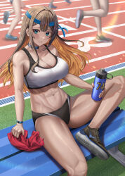 Rule 34 | 4girls, abs, aqua eyes, bare arms, bare shoulders, bench, black buruma, black choker, black footwear, black hair, blue headband, bottle, braid, breasts, brown hair, buruma, choker, cleavage, collarbone, commentary, commission, english commentary, headband, highres, holding, holding bottle, large breasts, long hair, looking at viewer, multicolored hair, multiple girls, navel, original, outdoors, parted lips, running, shoes, silvertsuki, sitting, smile, sneakers, solo focus, sports bra, sweat, thighs, track and field, two-tone hair, white sports bra
