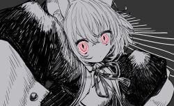 Rule 34 | 1girl, animal ear fluff, animal ears, arm up, cat ears, cat girl, coat, coefont, collared shirt, commentary request, crossed bangs, dot mouth, empty eyes, expressionless, grey background, greyscale, highres, looking at viewer, monochrome, neck ribbon, sayo (voicevox), open clothes, open coat, pink eyes, ribbon, shirt, short hair, sleeves past fingers, sleeves past wrists, slit pupils, solo, spot color, upper body, voicevox, wide sleeves, yoshino ns