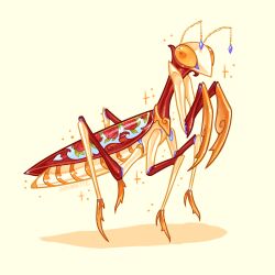 Rule 34 | artist name, bug, charongess, concept art, no humans, original, porcelain, praying mantis, simple background, sparkle, yellow background, yellow eyes