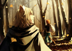 Rule 34 | animal ears, autumn, autumn leaves, baggy pants, blonde hair, cat boy, cat ears, cat tail, cloak, falling leaves, forest, from behind, gloves, holding, holding sack, hood, hooded cloak, konoe (lamento), lamento, leaf, lialli, looking to the side, male focus, multiple boys, nature, orange hair, outdoors, pants, profile, sack, short hair, sidelighting, tail, tokino (lamento), tree, upper body, walking, yellow eyes