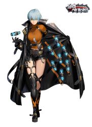 Rule 34 | belt, black footwear, black gloves, black legwear, black shorts, black survival, blue hair, breasts, celine (black survival), coat, coat stash, concept art, copyright name, dog tags, full body, gloves, hair between eyes, highres, large breasts, long sleeves, official alternate costume, open clothes, open coat, ribbed shirt, shirt, shorts, simple background, solo, trench coat, white background, yellow eyes