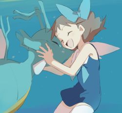 Rule 34 | 1girl, 1other, bow, brown hair, closed eyes, creatures (company), dress, game freak, gen 2 pokemon, hug, image sample, kingdra, molly hale, nintendo, oira-1103, pokemon, pokemon (anime), pokemon (classic anime), pokemon (creature), pokemon 3: the movie - spell of the unown: entei, short hair, smile
