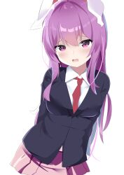 Rule 34 | 1girl, 9150namihana, absurdres, animal ears, arms behind back, black jacket, blazer, collared shirt, commentary request, cowboy shot, highres, jacket, long hair, long sleeves, looking at viewer, necktie, open mouth, pink skirt, purple eyes, purple hair, rabbit ears, rabbit girl, red eyes, red necktie, reisen udongein inaba, shirt, sidelocks, simple background, skirt, solo, touhou, white background, white shirt
