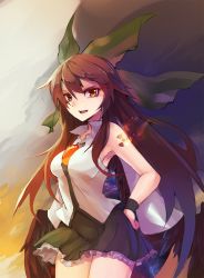Rule 34 | 1girl, adapted costume, bare shoulders, bird wings, bow, breasts, brown hair, clear echoes, hair bow, hand on own hip, highres, long hair, looking at viewer, miniskirt, open mouth, radiation symbol, red eyes, reiuji utsuho, shirt, skirt, sleeveless, sleeveless shirt, slit pupils, solo, third eye, touhou, wings, wristband