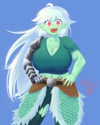 Rule 34 | 1girl, absurdres, ahoge, armor, artist name, belt, blue background, blush, breasts, cleavage, collarbone, colored skin, commission, cowboy shot, fang, female goblin, gauntlets, goblin, green skin, highres, large breasts, long hair, looking at viewer, masked ink, md5 mismatch, pants, red eyes, scales, scar, signature, simple background, solo, torn clothes, torn pants, very long hair, white hair