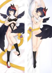 Rule 34 | 1girl, arm up, armpits, asymmetrical hair, barefoot, bird mask, bird wings, black bodysuit, black gloves, black socks, black wings, blue hair, blush, bodysuit, breasts, closed mouth, collarbone, convenient censoring, crop top, crop top overhang, dakimakura (medium), dark blue hair, feathered wings, genshin impact, gloves, kujou sara, lifted by self, looking at viewer, lying, mask, mask on head, medium breasts, moeanime, mouth hold, multiple wings, navel, no bra, on bed, on side, pillow, sandals, sash, shoes, single shoe, socks, solo, stomach, tabi, tassel, tengu mask, thighs, underboob, vision (genshin impact), wings, yellow eyes, yellow sash