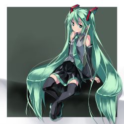 Rule 34 | 1girl, arm support, boots, crossed legs, detached sleeves, female focus, green eyes, green hair, hatsune miku, long hair, looking at viewer, makai no koutaishi, matching hair/eyes, necktie, shirt, sitting, skirt, sleeveless, solo, thigh boots, thighhighs, twintails, very long hair, vocaloid