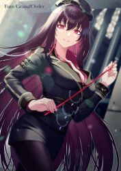Rule 34 | absurdres, adapted uniform, beret, bird hat, black headwear, black jacket, black pantyhose, black skirt, blazer, breasts, craft essence (fate), fate/grand order, fate (series), gae bolg (fate), girugiru (tektonics6588), hair intakes, hat, highres, jacket, large breasts, matching outfits, pantyhose, pencil skirt, purple hair, red shirt, scathach (fate), scathach (true crimson spear trainer) (fate), shirt, skirt, unbuttoned, unbuttoned shirt, undershirt, wing collar