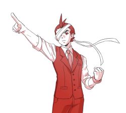Rule 34 | 1boy, ace attorney, antenna hair, apollo justice, arm up, bandaged head, bandages, bracelet, breast pocket, buttons, clenched hand, collared shirt, cowboy shot, forked eyebrows, godzillapigeon1, hand up, highres, jewelry, male focus, necktie, one eye covered, outstretched arm, pants, phoenix wright: ace attorney - dual destinies, pocket, pointing, red eyes, red hair, red necktie, red pants, red theme, red vest, shirt, short hair, simple background, sketch, solo, standing, vest, white background, white shirt