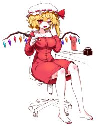 Rule 34 | 1girl, absurdres, barefoot, blonde hair, chair, commission, flandre scarlet, hat, highres, holding, holding pen, multicolored wings, nail polish, office chair, one eye closed, pen, pixiv commission, red shirt, shirt, swivel chair, tears, tekaaluk, touhou, white hat, wings, yawning