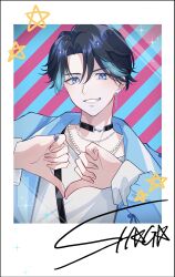 Rule 34 | 1boy, absurdres, black choker, black hair, blue background, blue eyes, blue hair, blue jacket, border, character name, choker, double thumbs down, earrings, highres, jacket, jewelry, looking at viewer, male focus, miya (38magical), multicolored background, multicolored hair, necklace, paradox live, pink background, shirt, solo, star (symbol), striped, striped background, white border, white shirt, yamato shogo