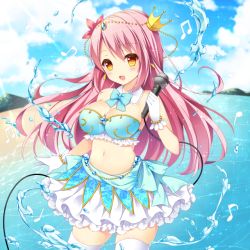 Rule 34 | 1girl, beach, blush, breasts, crown, day, detached collar, gloves, kidatsu! dungeons lord, large breasts, long hair, microphone, midriff, mini crown, navel, official art, outdoors, pink hair, riko (kujira215), smile, solo, thighhighs, water, yellow eyes