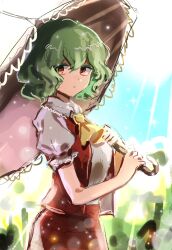 Rule 34 | 1girl, ascot, collared shirt, commentary request, day, green hair, hair between eyes, hemo (hemoroda), highres, holding, holding umbrella, kazami yuuka, light particles, looking at viewer, open clothes, open vest, outdoors, parasol, parted lips, plaid, plaid skirt, plaid vest, puffy short sleeves, puffy sleeves, red eyes, red skirt, red vest, shirt, short sleeves, sketch, skirt, solo, sparkle, touhou, umbrella, vest, white background, yellow ascot