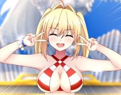 Rule 34 | 1girl, ahoge, bare shoulders, bead bracelet, beads, bikini, blonde hair, blue sky, blurry, blurry background, blush, bracelet, breasts, cleavage, closed eyes, collarbone, criss-cross halter, day, double v, earrings, emotional engine - full drive, fate/grand order, fate (series), hair intakes, halterneck, hands up, highres, jewelry, large breasts, long hair, nanju bami, nero claudius (fate), nero claudius (fate) (all), nero claudius (swimsuit caster) (fate), open mouth, parody, red bikini, sky, smile, solo, sparkle, striped bikini, striped clothes, swimsuit, twintails, v
