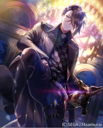 Rule 34 | 1boy, belt, black footwear, black gloves, black hair, black jacket, black pants, blue eyes, candle, chandelier, checkered clothes, checkered shirt, company name, from below, gloves, hair over one eye, hortensia saga, indoors, jacket, lens flare, looking at viewer, male focus, night, official art, pants, sekisue, sheath, sheathed, shirt, solo, standing, sword, weapon
