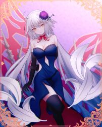Rule 34 | 1girl, ahoge, bare shoulders, black dress, black gloves, black thighhighs, breasts, brown eyes, closed mouth, clothing cutout, commentary request, dress, elbow gloves, fate/grand order, fate (series), flower, formal, gloves, hair flower, hair ornament, highres, jeanne d&#039;arc alter (fate), large breasts, long hair, looking at viewer, official alternate costume, pale skin, purple flower, roro 982, side slit, solo, strapless, strapless dress, thighhighs, very long hair, white hair