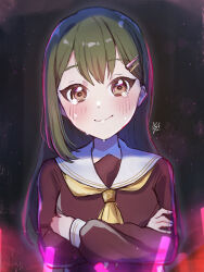 Rule 34 | 1girl, black background, breasts, brown dress, brown eyes, check commentary, commentary request, crossed arms, crying, crying with eyes open, double-parted bangs, dress, glowstick, green hair, hair ornament, hairclip, hasu no sora school uniform, highres, kyaku tasu, link! like! love live!, long hair, long sleeves, looking at viewer, love live!, medium breasts, neckerchief, oogami sachi, penlight (glowstick), sailor collar, school uniform, smile, solo, tears, upper body, white sailor collar, winter uniform, yellow neckerchief