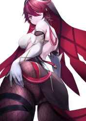 Rule 34 | 1girl, absurdres, ass, ass grab, bare shoulders, breasts, fishnet pantyhose, fishnets, from behind, genshin impact, gloves, highres, large breasts, looking at viewer, looking back, nun, pantyhose, purple eyes, purple hair, resolution mismatch, rosaria (genshin impact), short hair, sideboob, simple background, solo, source smaller, veil, white background, white gloves, yutoriko (candy0905)