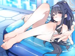 Rule 34 | 1girl, bags under eyes, barefoot, bikini, black bikini, black hair, blue archive, blue eyes, blue hairband, breasts, feet, hair between eyes, hairband, halo, highres, jewelry, koyansuee, legs, long hair, looking at viewer, lying, necklace, official alternate costume, on back, partially submerged, small breasts, solo, swimsuit, thighs, toenails, toes, ui (blue archive), ui (swimsuit) (blue archive), wading pool, water, wet, wet hair, yellow halo