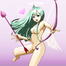 Rule 34 | 1girl, angel wings, artist request, blue eyes, bow (weapon), breasts, gradient background, green eyes, green hair, halo, long hair, matching hair/eyes, open mouth, purple background, rhythm tengoku, rhythm tengoku gold, smile, solo, uncensored, weapon, wings