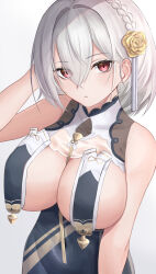 Rule 34 | 1girl, azur lane, bare shoulders, breast curtains, breasts, china dress, chinese clothes, dress, hair between eyes, hair ornament, highres, large breasts, looking at viewer, official alternate costume, red eyes, revealing clothes, short hair, sirius (azur lane), sirius (azure horizons) (azur lane), solo, white hair, yamamoto warabi