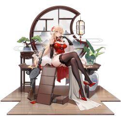 Rule 34 | 1girl, artist request, bare shoulders, black gloves, black thighhighs, blonde hair, blue eyes, bonsai, breasts, china dress, chinese clothes, cleavage, cleavage cutout, closed mouth, clothing cutout, crossed legs, dp-27, dp28 (coiling morning glory) (girls&#039; frontline), dp28 (girls&#039; frontline), dress, elbow gloves, flower, full body, fur shawl, girls&#039; frontline, gloves, green bracelet, hair between eyes, hair flower, hair ornament, hand up, high heels, highres, lantern, large breasts, light blush, long hair, looking at viewer, official alternate costume, official art, paper lantern, plant, potted plant, red dress, red footwear, shawl, shoe dangle, simple background, sitting, skindentation, smile, solo, thighhighs, third-party source, transparent background, vase, very long hair, weapon case, wooden floor