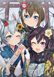 3girls alternate_costume blue_eyes branch breasts brown_hair cheval_grand_(umamusume) closed_mouth collarbone commentary_request gloves hair_ornament highres horse_girl japanese_clothes kimono looking_at_viewer medium_breasts mole mole_under_eye multiple_girls one_eye_closed open_mouth purple_eyes seiun_sky_(umamusume) sky torii twintails umamusume vivlos_(umamusume) yasume_yukito