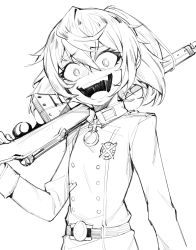 Rule 34 | 1girl, belt, crazy eyes, ge-b, greyscale, gun, looking at viewer, military, military uniform, monochrome, over shoulder, rifle, simple background, sketch, solo, tanya degurechaff, uniform, weapon, weapon over shoulder, white background, wide-eyed, youjo senki