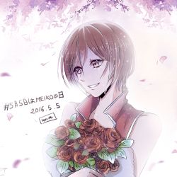 Rule 34 | 1girl, 2016, artist name, bouquet, brown eyes, brown hair, character name, collarbone, crying, crying with eyes open, flower, grin, hair between eyes, holding, holding bouquet, jacket, meiko (vocaloid), petals, purple flower, red flower, red jacket, red rose, rose, short hair, sleeveless, sleeveless jacket, smile, solo, tears, upper body, vocaloid, white background, yen-mi