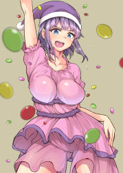 Rule 34 | 10s, 1girl, :d, arm up, blue eyes, breasts, candy, collarbone, cowboy shot, dagashi kashi, female focus, food, frills, hat, impossible clothes, impossible shirt, large breasts, nightcap, open mouth, pink shirt, pink shorts, pom pom (clothes), purple hair, ringed eyes, shidare hotaru, shimantogawa, shirt, short hair, short sleeves, shorts, simple background, sleepwear, smile, solo, teeth, tongue