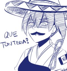 Rule 34 | 10s, 1girl, fake facial hair, fake mustache, hair between eyes, hat, japanese clothes, kaga (kancolle), kantai collection, lowres, mexican flag, monochrome, muneate, rexlent, ribbon, shaded face, simple background, sketch, solo, sombrero, source request, spanish text, translated, white background