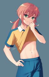 1boy blue_shorts clothes_lift fujimura_hinami green_eyes highres inazuma_eleven_(series) inazuma_eleven_go kirino_ranmaru long_hair male_focus midriff multicolored_shirt navel pink_hair raimon raimon_soccer_uniform shirt shirt_lift shorts soccer_uniform solo sportswear stomach yellow_shirt