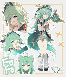 Rule 34 | 1girl, @ @, absurdres, ahoge, animal ears, black footwear, blue fire, duplicate, eating, fiery tail, fire, flag, fox girl, ghost tail, green eyes, green flag, green hair, highres, holding, holding flag, honkai: star rail, honkai (series), huohuo (honkai: star rail), long hair, long sleeves, looking at viewer, multiple views, nage (sacosui ng), open mouth, paw-shaped pupils, pixel-perfect duplicate, scared, shorts, socks, symbol-shaped pupils, tail, white leg warmers, white socks